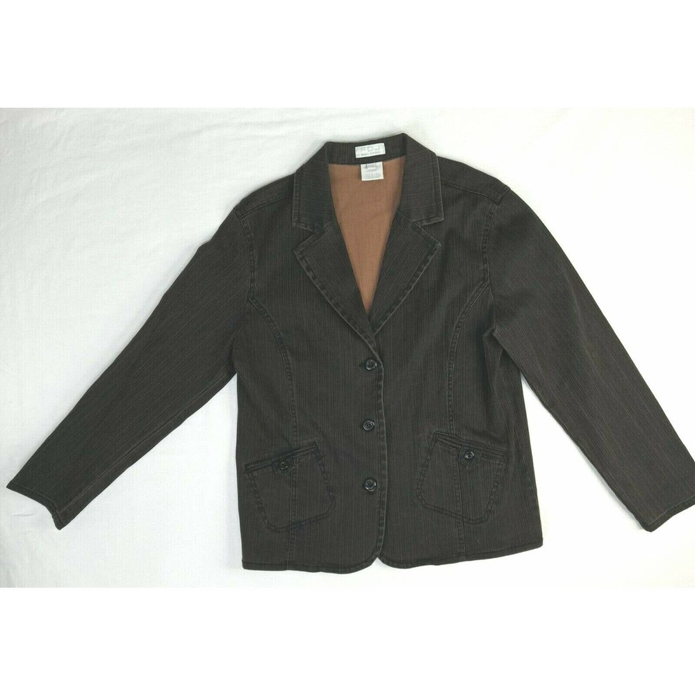 FdJ French Dressing Women's Large Brown Stretch Denim Jacket Button Up Pockets